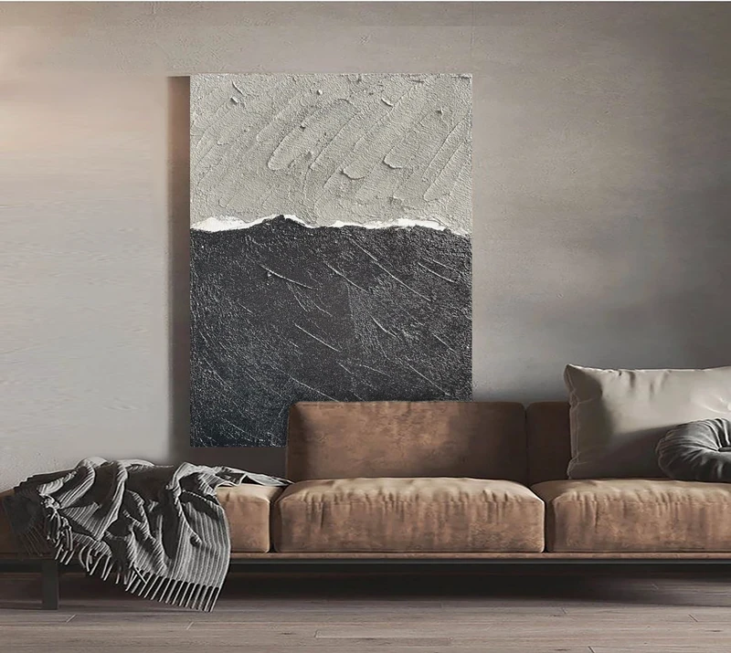 Black and Gray Minimalist Abstract Painting - Wabi Sabi Canvas for Bedroom Decor