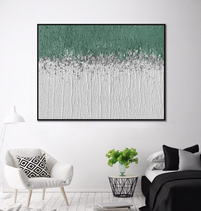 Green and White Minimalist Painting - Textured Canvas Art for Modern Spaces