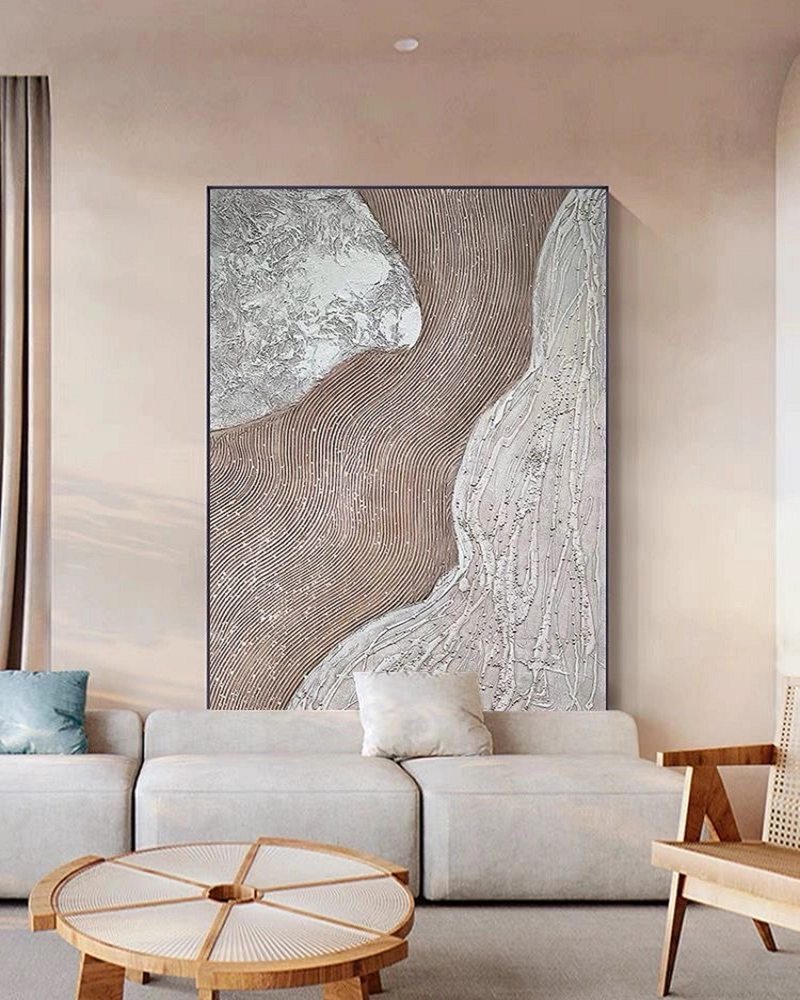 Beige and White Textured Abstract Painting - Minimalist Canvas for Bedroom Decor