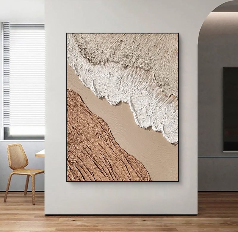 Brown Beige and White Abstract Canvas Art - 3D Textured Painting for Minimalist Interiors