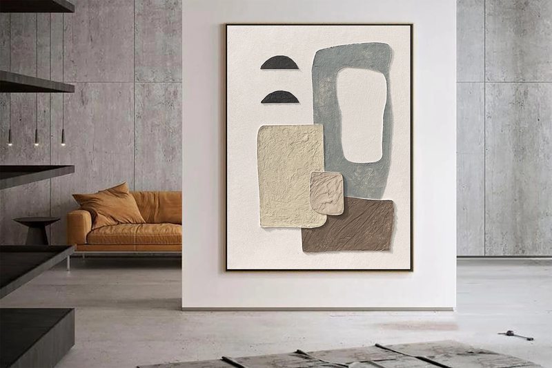 Beige and Blue Textured Abstract Wall Art - Minimalist Painting for Neutral Home Decor