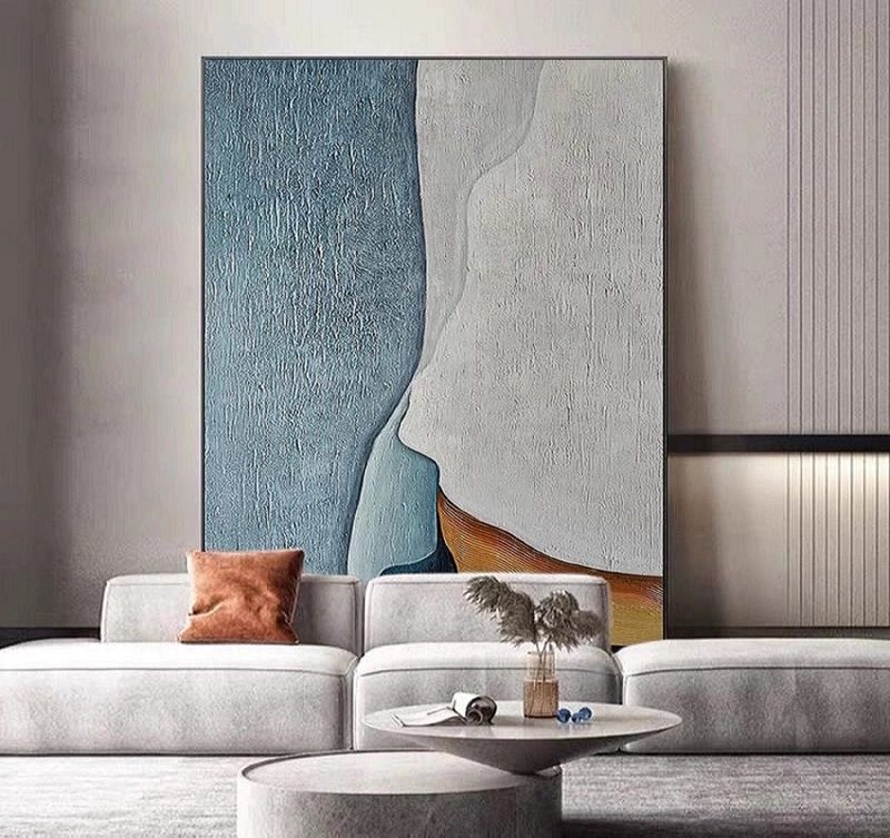 Blue and White Abstract Wall Art - Minimalist Textured Painting for Large Canvas Decor**  