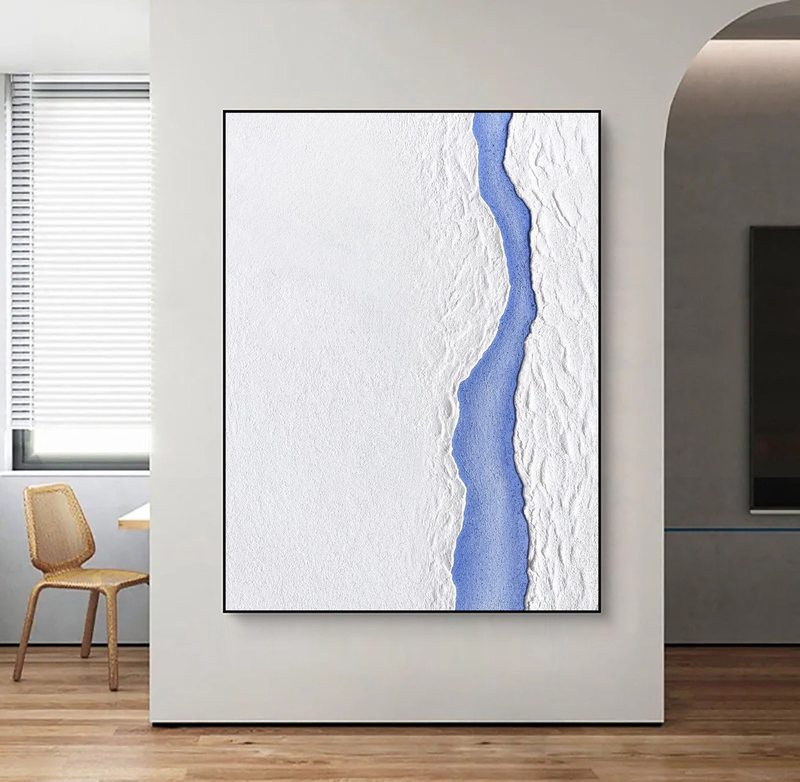 White Snow and Blue River Abstract Painting - Minimalist Wall Art for Modern Homes