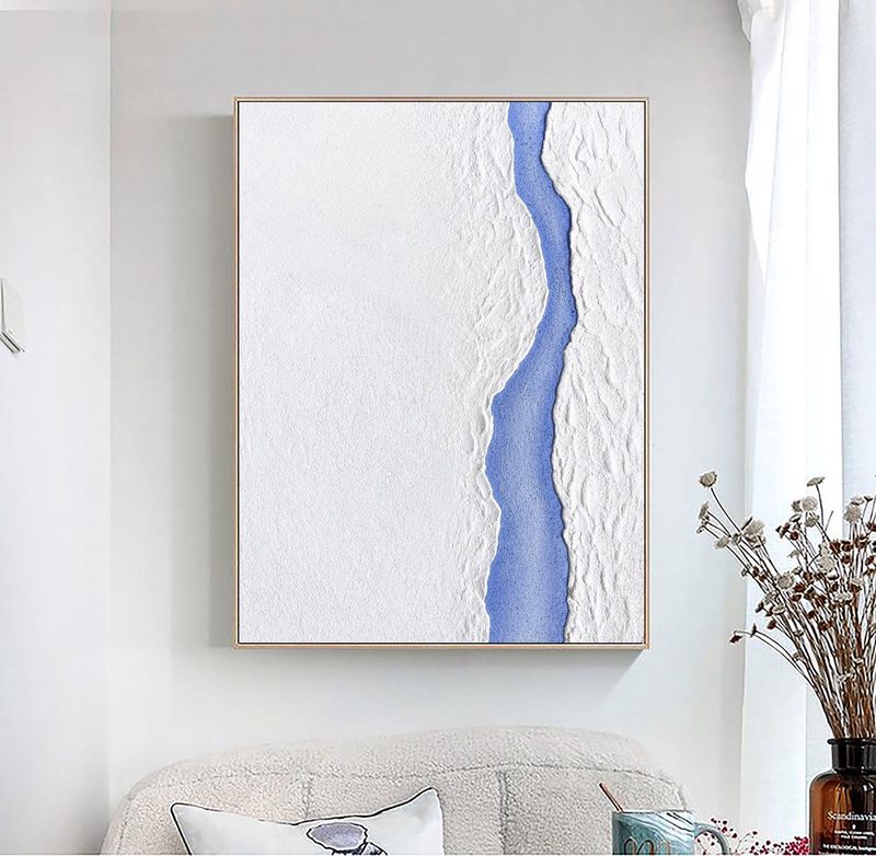 White Snow and Blue River Abstract Painting - Minimalist Wall Art for Modern Homes