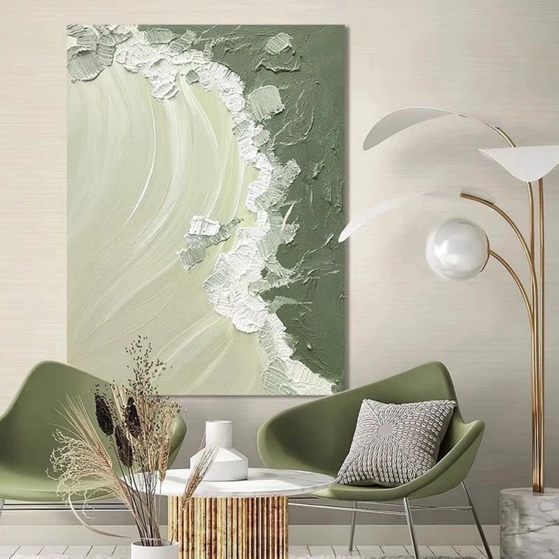 Green and White Abstract Wall Art - Minimalist Textured Canvas Painting for Living Rooms