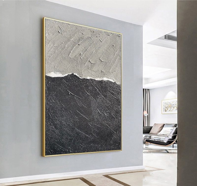 Black and Gray Minimalist Abstract Painting - Wabi Sabi Canvas for Bedroom Decor