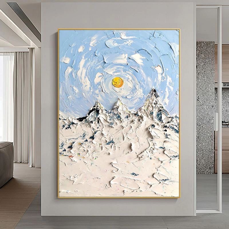 Blue Sky and Snowy Mountain Abstract Painting - Minimalist Wall Art for Homes