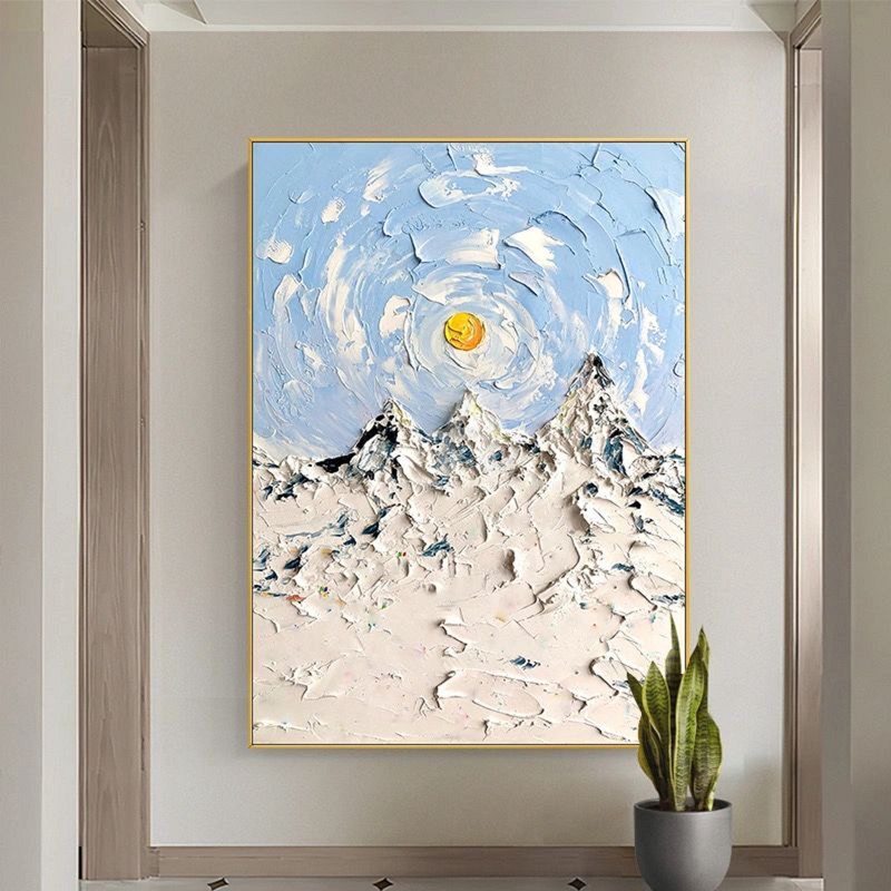 Blue Sky and Snowy Mountain Abstract Painting - Minimalist Wall Art for Homes