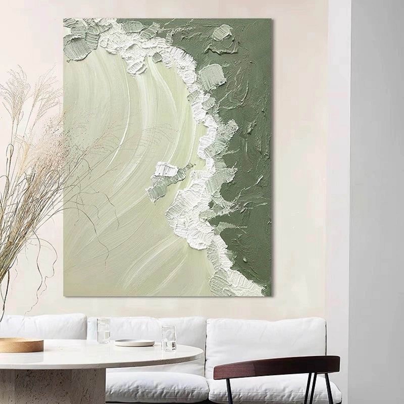 Green and White Abstract Wall Art - Minimalist Textured Canvas Painting for Living Rooms