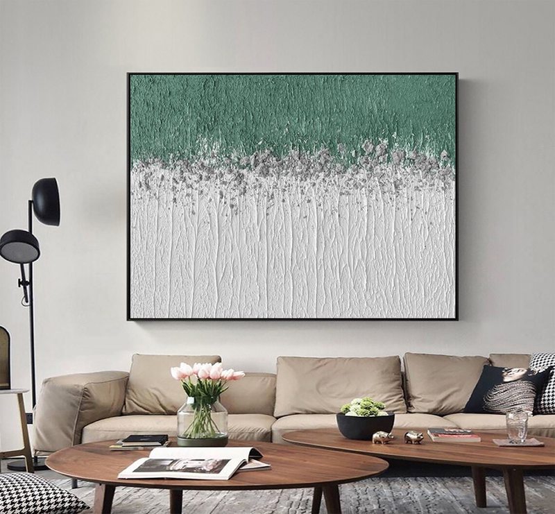 Green and White Minimalist Painting - Textured Canvas Art for Modern Spaces