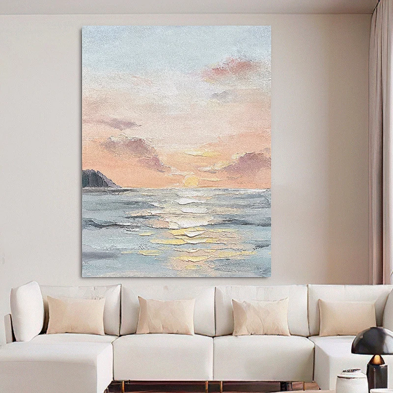 Ocean Sunset Canvas Art - Impressionist Seascape Painting for Living Room Decor