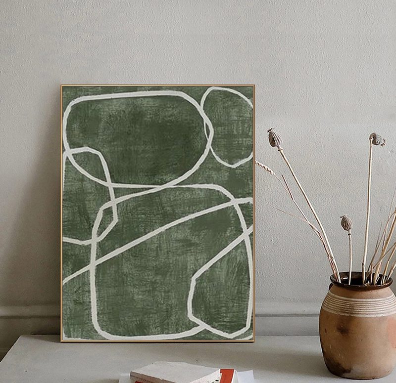 Green and White Minimalist Abstract Painting - Textured Canvas for Neutral Homes