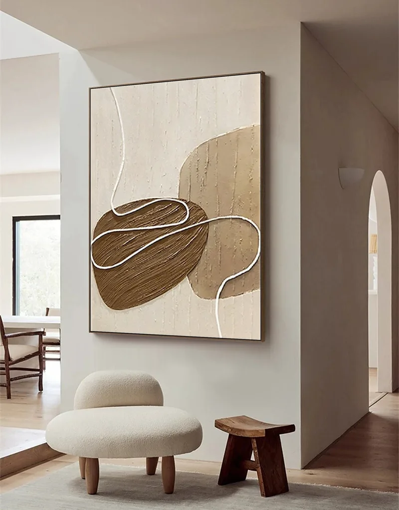 Oversized Beige and White Minimalist Painting - Textured Wall Art for Modern Decor