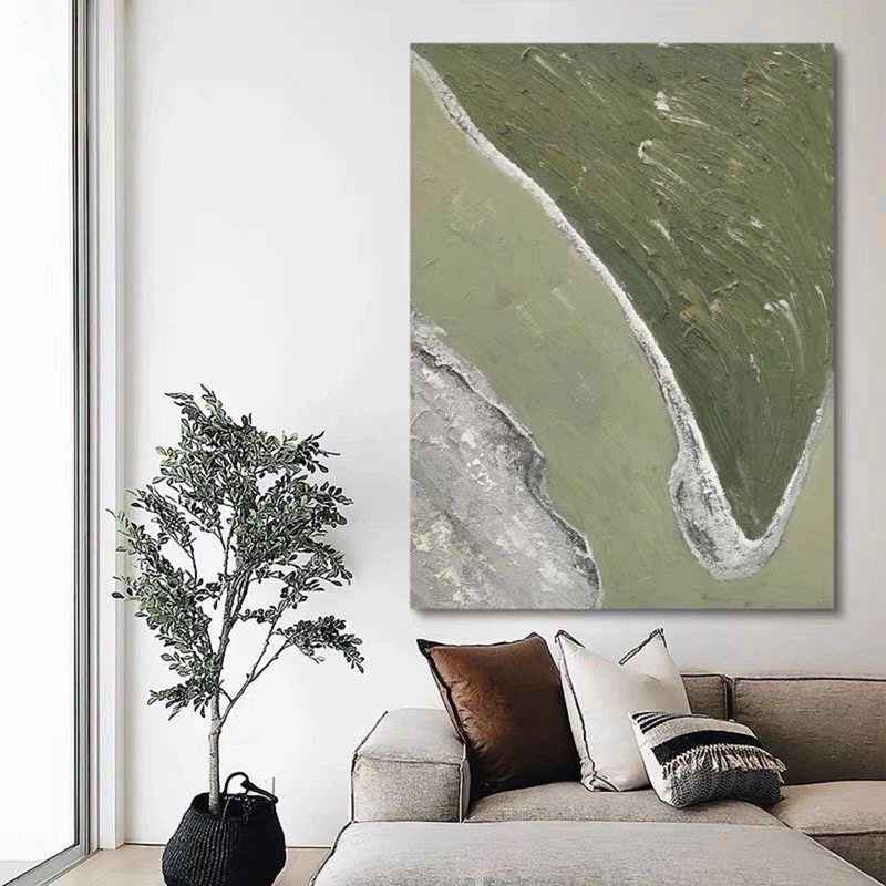 Green Textured Abstract Painting - Minimalist Canvas Art for Living Room Decor