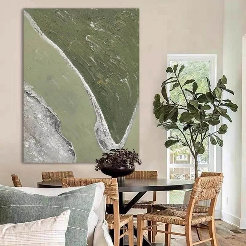 Green Textured Abstract Painting - Minimalist Canvas Art for Living Room Decor