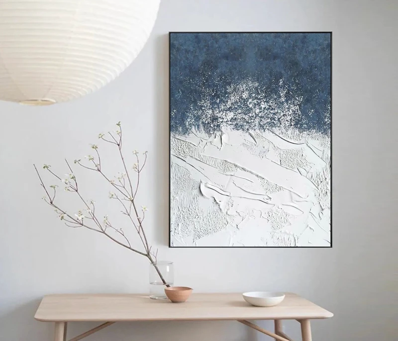 Blue and White Minimalist Abstract Painting - Textured Wall Art for Living Room