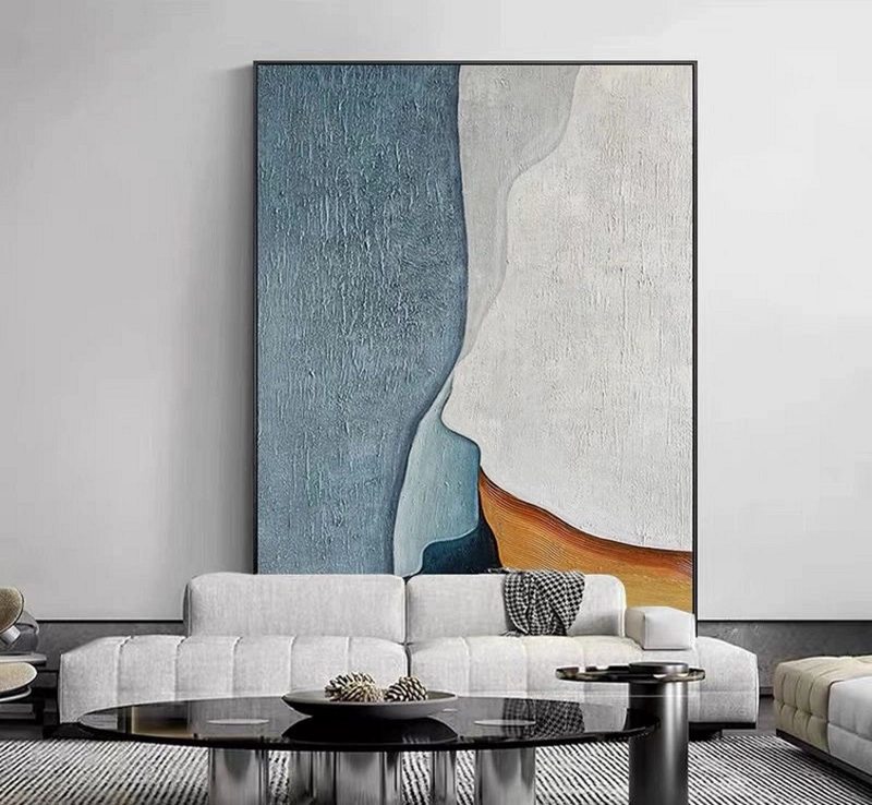 Blue and White Abstract Wall Art - Minimalist Textured Painting for Large Canvas Decor**  