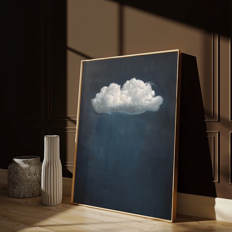 White Cloud and Indigo Sky Painting - Minimalist Abstract Art for Modern Homes