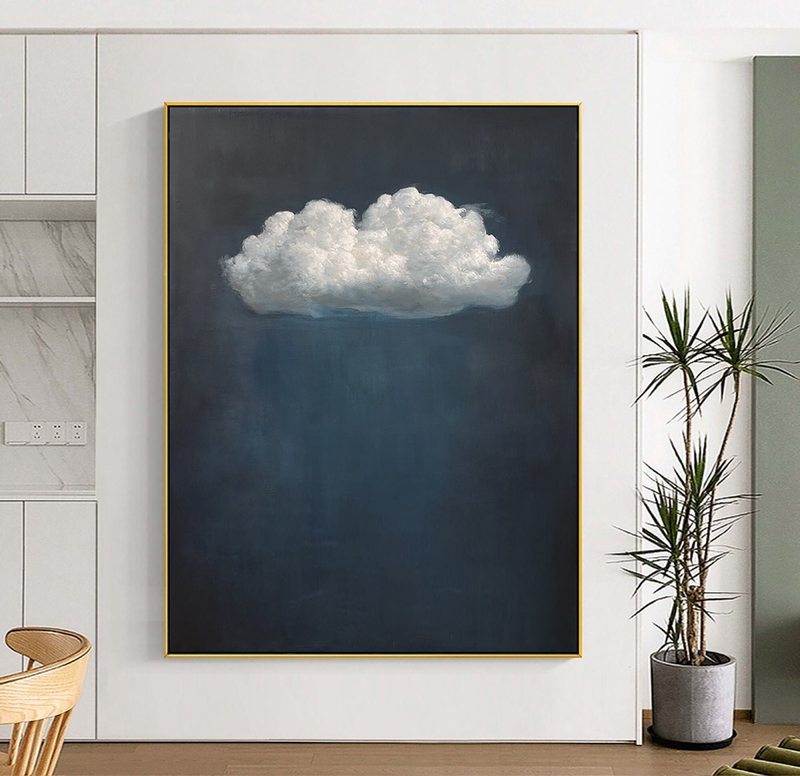 White Cloud and Indigo Sky Painting - Minimalist Abstract Art for Modern Homes
