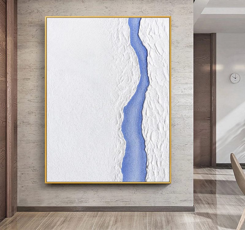 White Snow and Blue River Abstract Painting - Minimalist Wall Art for Modern Homes