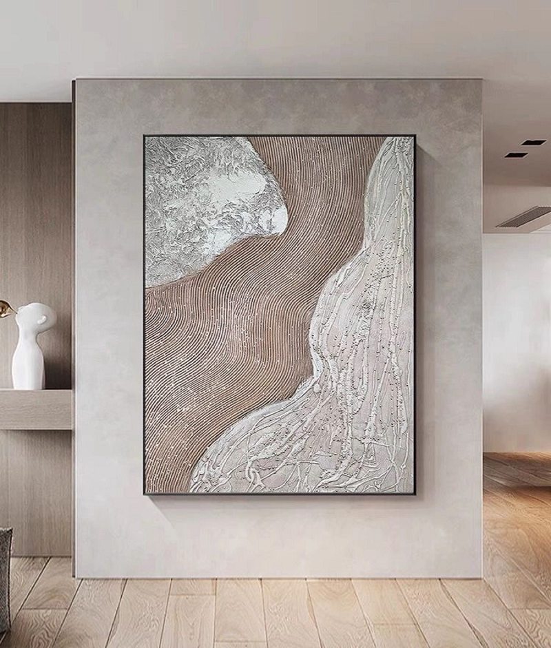 Beige and White Textured Abstract Painting - Minimalist Canvas for Bedroom Decor