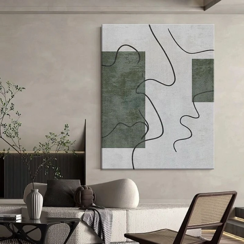 Green and White Minimalist Abstract Painting - Textured Canvas Wall Art for Bedrooms