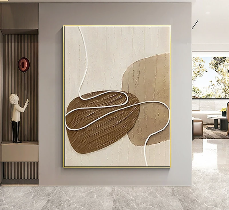 Oversized Beige and White Minimalist Painting - Textured Wall Art for Modern Decor