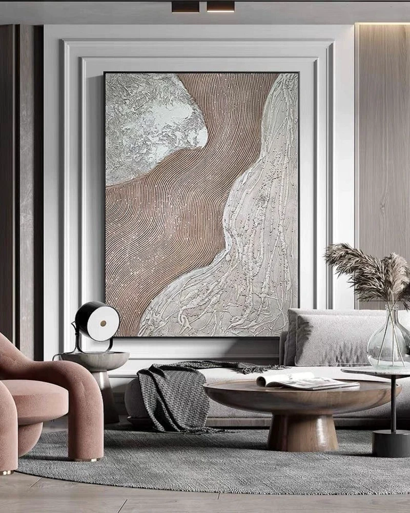 Beige and White Textured Abstract Painting - Minimalist Canvas for Bedroom Decor