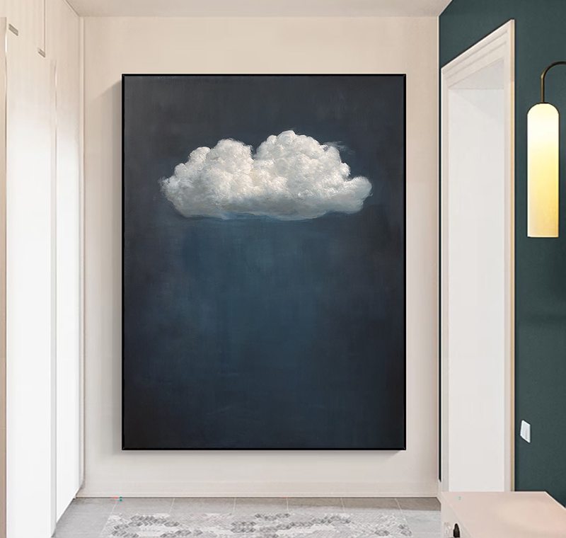 White Cloud and Indigo Sky Painting - Minimalist Abstract Art for Modern Homes