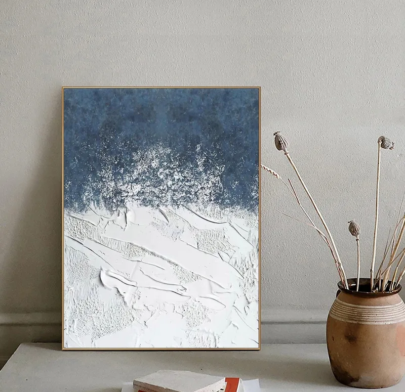 Blue and White Minimalist Abstract Painting - Textured Wall Art for Living Room