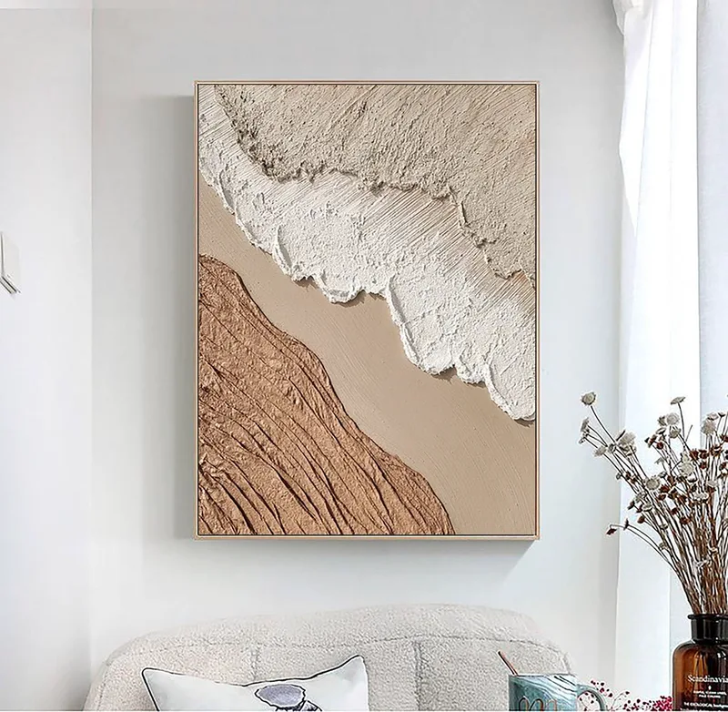 Brown Beige and White Abstract Canvas Art - 3D Textured Painting for Minimalist Interiors