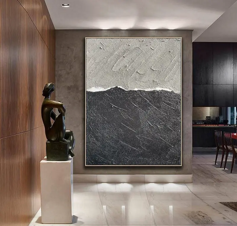 Black and Gray Minimalist Abstract Painting - Wabi Sabi Canvas for Bedroom Decor