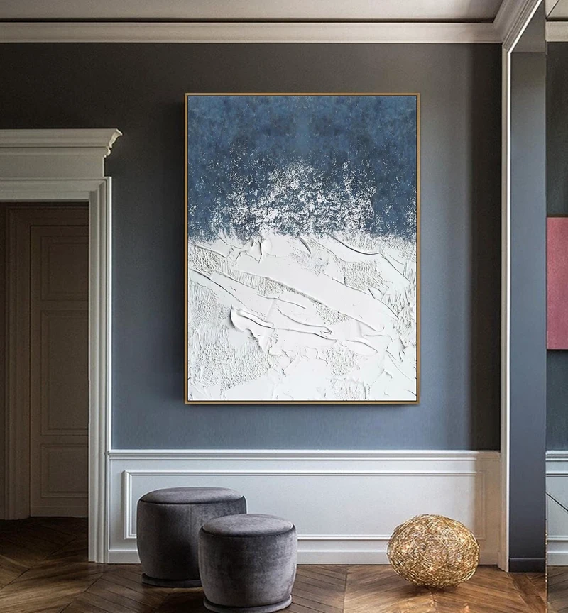 Blue and White Minimalist Abstract Painting - Textured Wall Art for Living Room