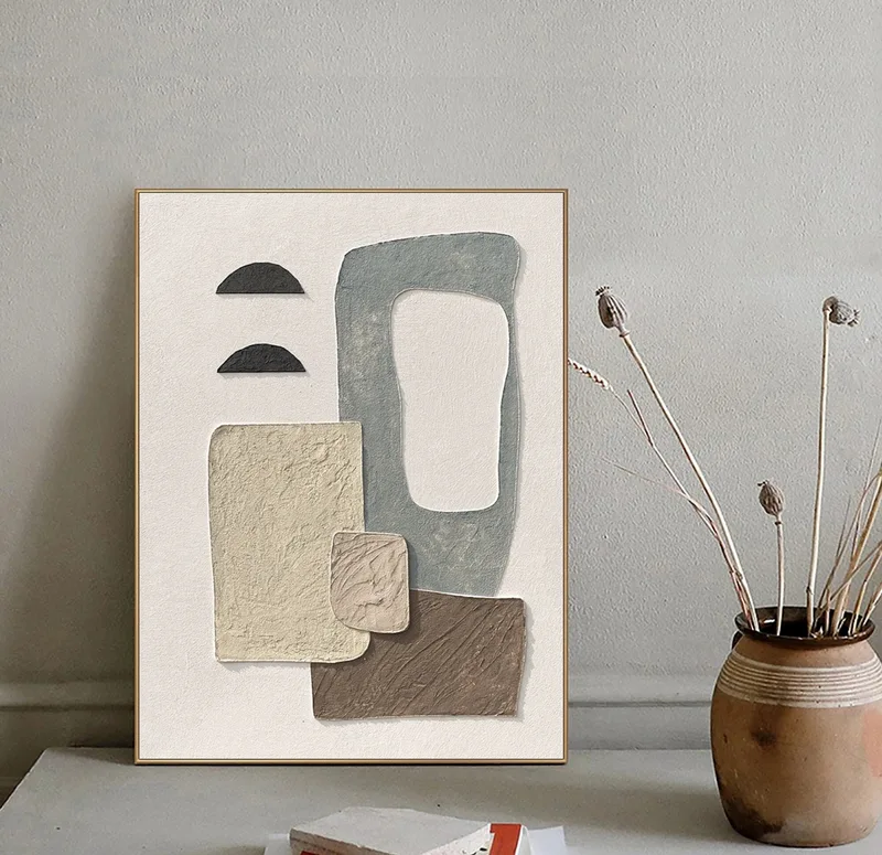 Beige and Blue Textured Abstract Wall Art - Minimalist Painting for Neutral Home Decor