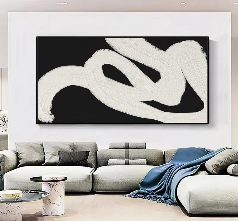 Minimalist Black & White Abstract Painting | Textured Canvas Wall Art for Bedroom
