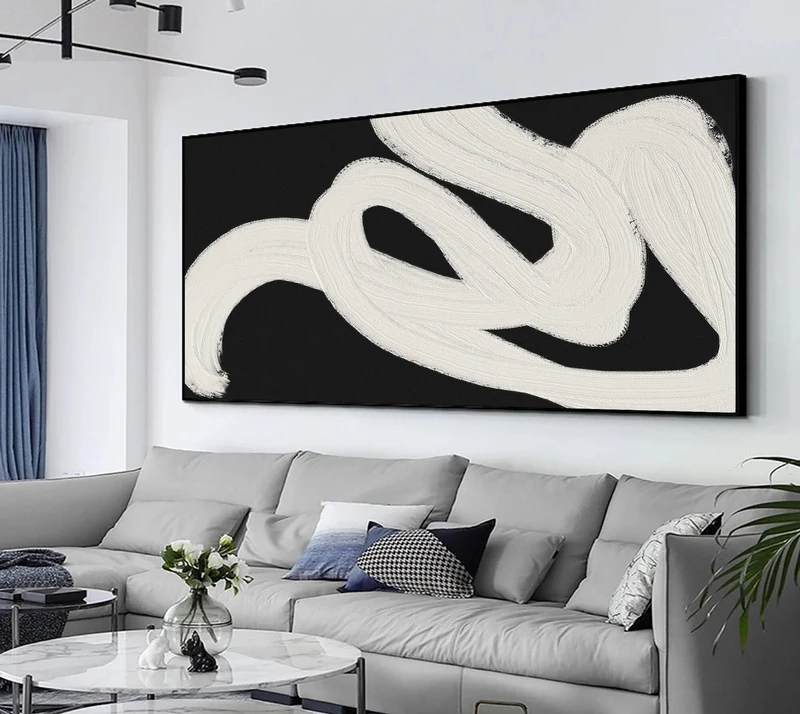 Minimalist Black & White Abstract Painting | Textured Canvas Wall Art for Bedroom
