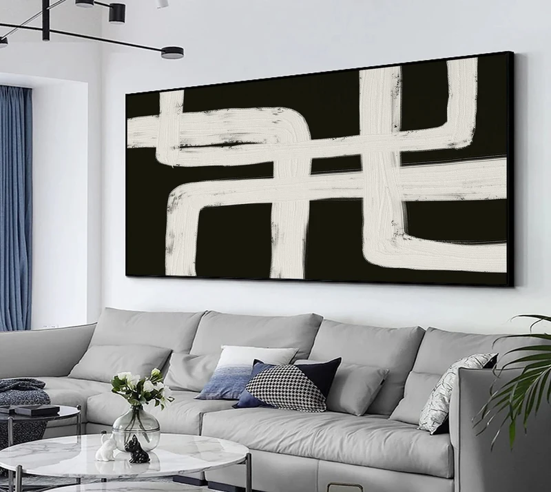 Modern Abstract Painting | Large Black White Textured Canvas Art