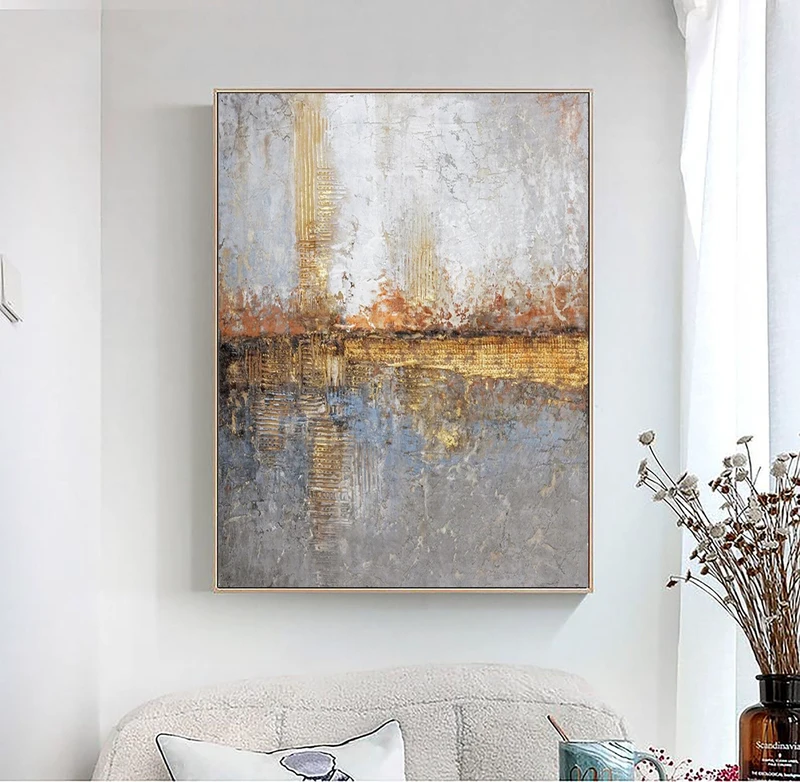Large Gold Textured Abstract Painting | Modern Bedroom Wall Art