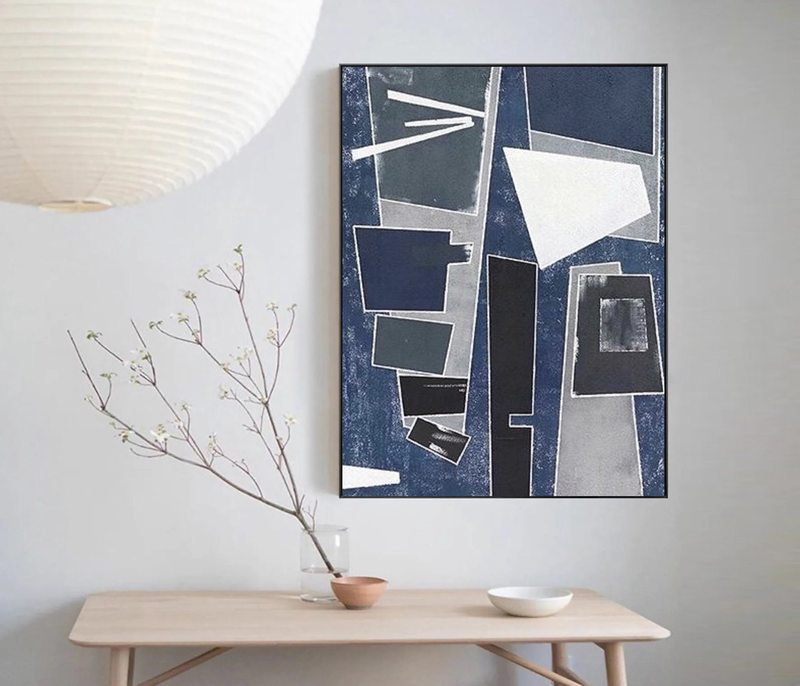 Original Blue & Gray Abstract Painting | Geometric Wabi Sabi Canvas Art