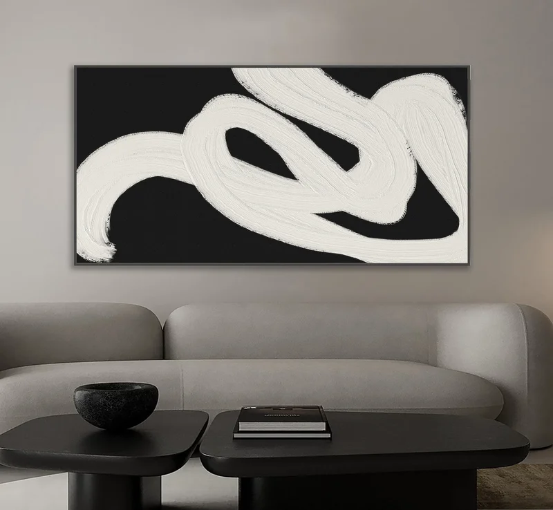 Minimalist Black & White Abstract Painting | Textured Canvas Wall Art for Bedroom