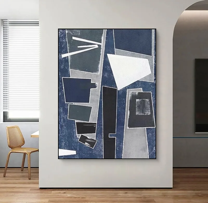 Original Blue & Gray Abstract Painting | Geometric Wabi Sabi Canvas Art