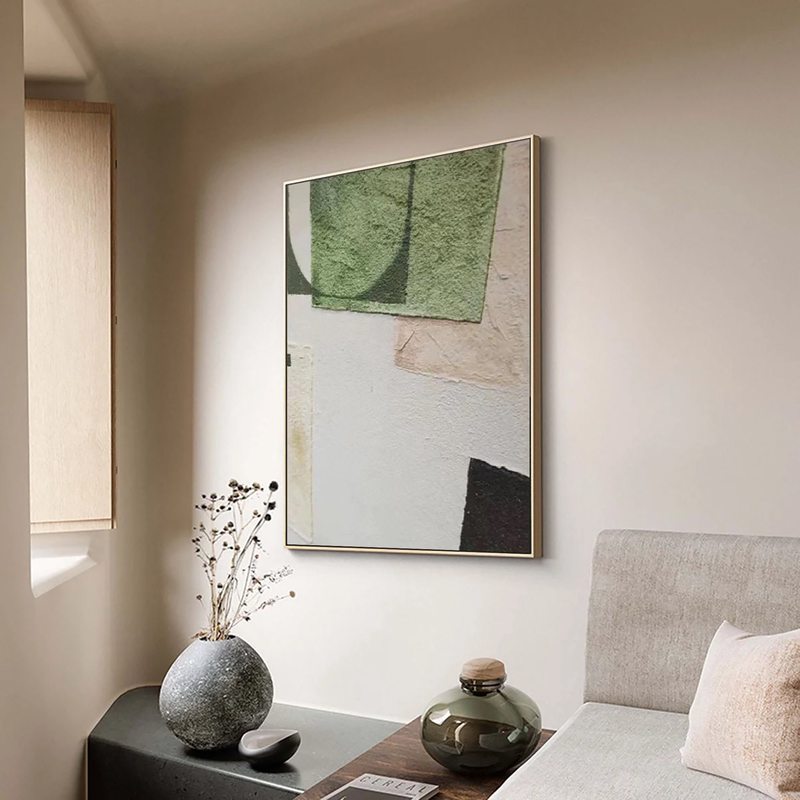 Large White & Green Minimalist Wall Art | Wabi Sabi Textured Painting
