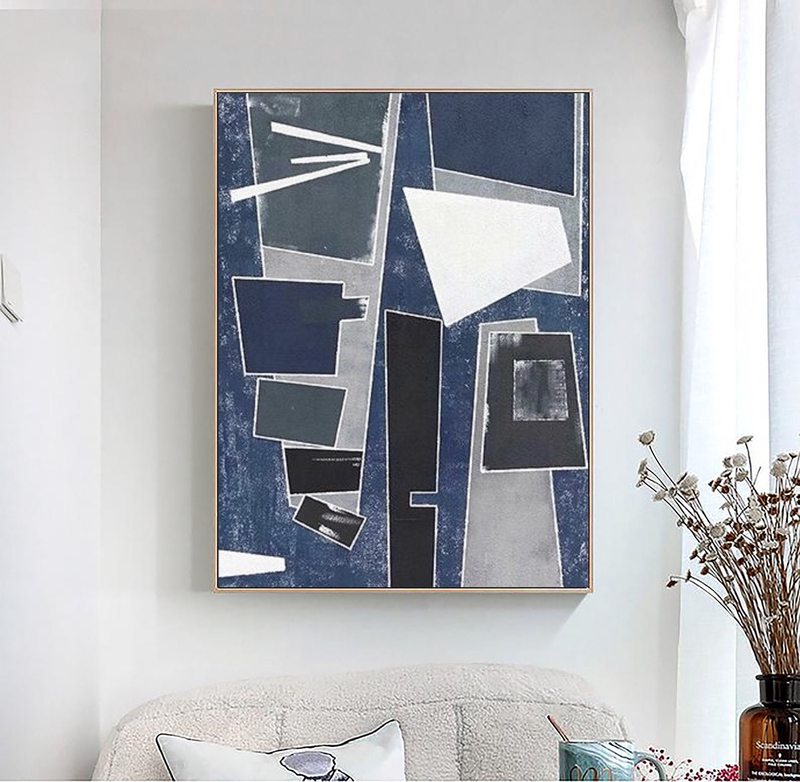 Original Blue & Gray Abstract Painting | Geometric Wabi Sabi Canvas Art