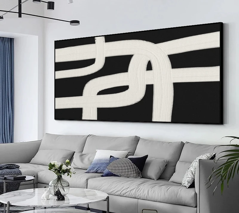Black White Abstract Oil Painting | Textured Canvas Art for Living Room