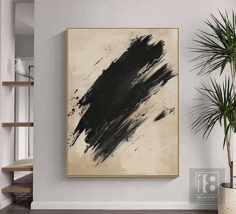 Neutral Beige & Black Abstract Painting | Wabi Sabi Textured Wall Art