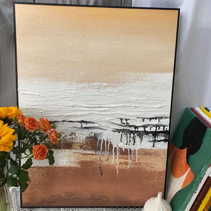Brown & White Abstract Painting | White Textured Canvas Wall Art