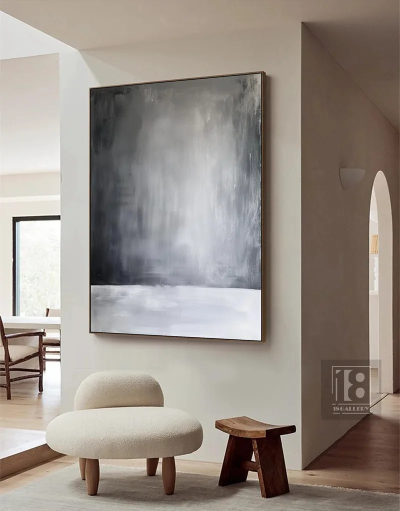 Black & White Abstract Painting on Canvas | Minimalist Wabi Sabi Art