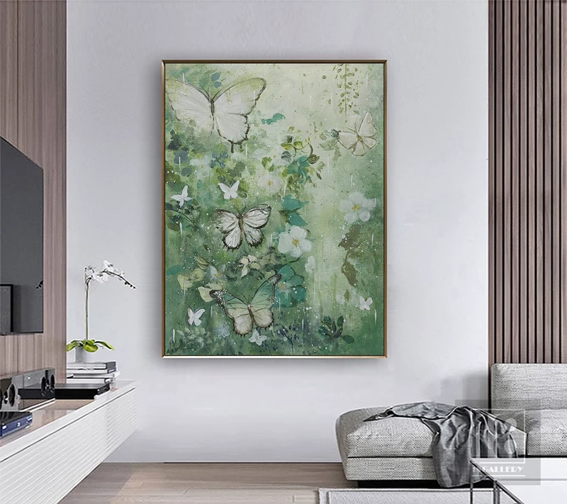 Large Butterfly Landscape Painting | Modern Abstract Canvas Art | Green Oil Painting