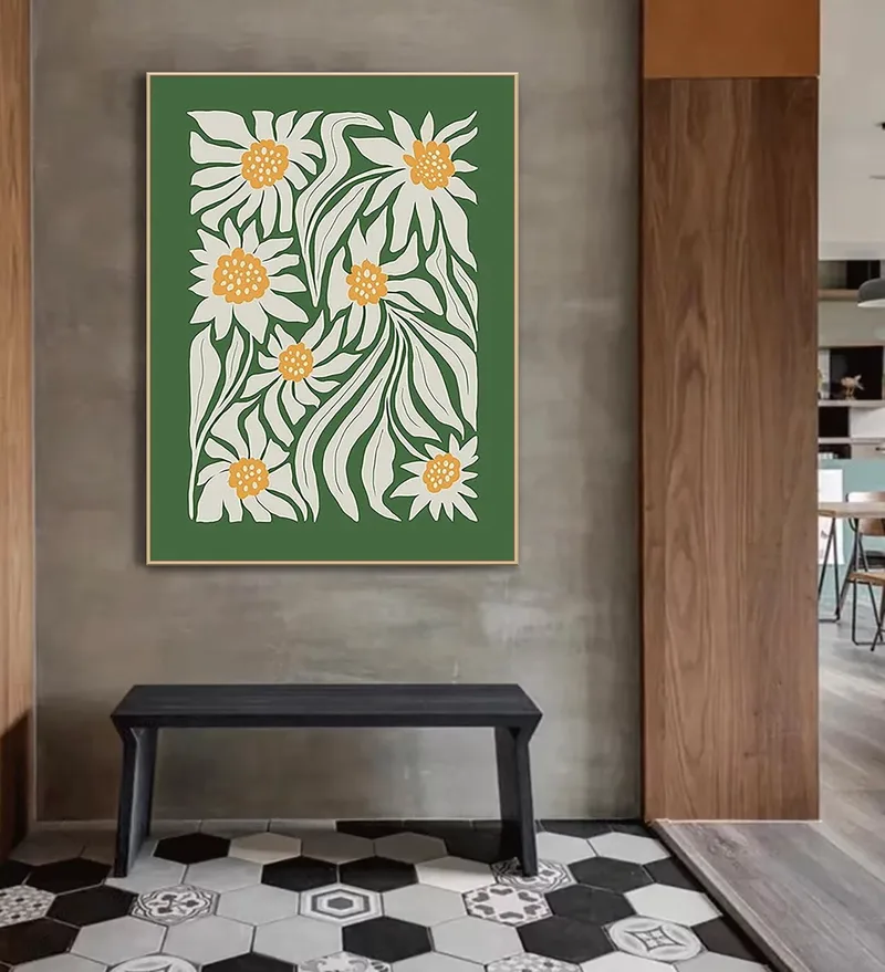 Abstract Flower Oil Painting | Wabi Sabi Wall Art | Green & White Plant Landscape Canvas