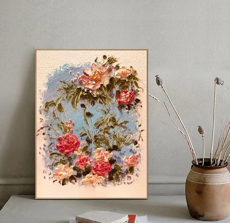 Original Pink Flower Painting | 3D Textured Canvas Art | Flower Bouquet Wall Decor
